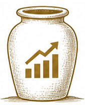 A decorative jar with an upward-trending bar chart icon, symbolizing growth or financial success.
