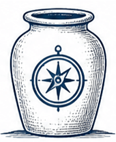 A stylized illustration of a jar featuring a compass symbol, representing direction or guidance.