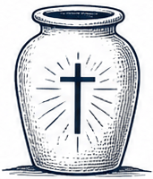 An illustrated jar featuring a cross with radiating lines, symbolizing faith or spirituality.