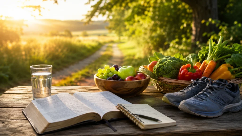 Clean food, water, Bible, journal, and walking shoes symbolizing whole-person health, peace, rest, and daily healthy habits.