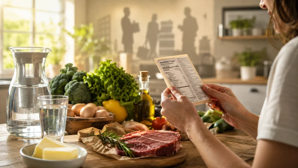 Clean kitchen with filtered water, whole foods, eggs, meat, butter, and olive oil symbolizing practical protection from commercial health interests.