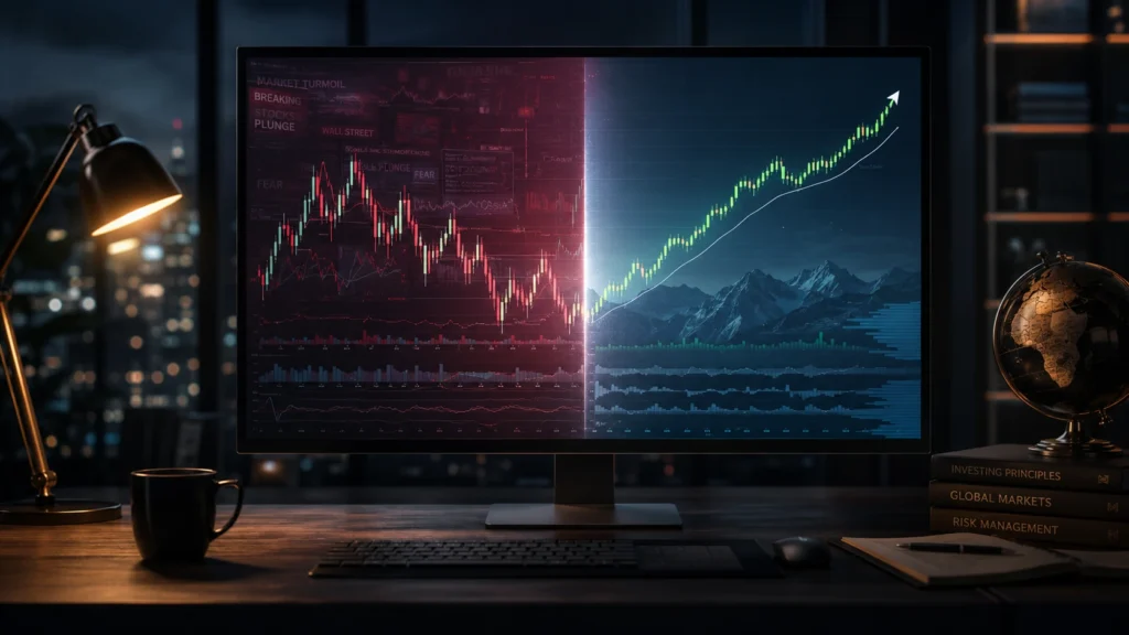 Investment dashboard contrasting short-term market noise with a disciplined long-term trend view across stocks, futures, and foreign exchange.