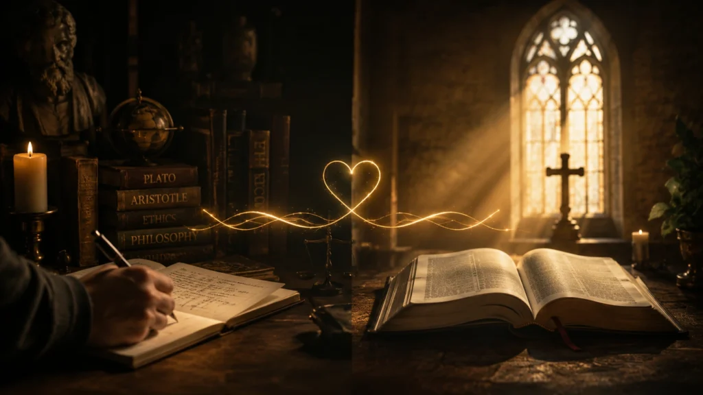 Study desk with philosophy books and an open Bible symbolizing the difference between reason, religion, heart, mind, and Christian discernment.