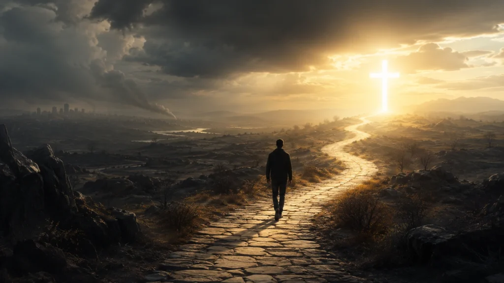 Narrow path of light through a fallen world symbolizing spiritual discernment, truth, love, peace, and joy.