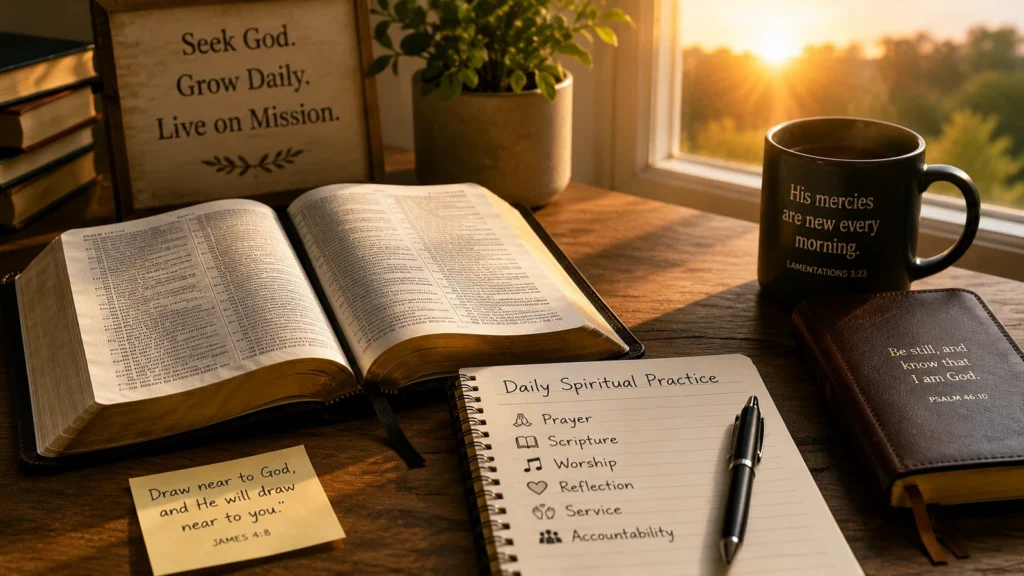 Open Bible, prayer journal, and morning light symbolizing a structured daily Christian spiritual practice.