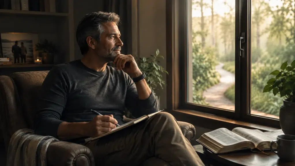 Person reflecting with a journal and Bible in a calm setting symbolizing emotional health, self-control, and spiritual maturity.